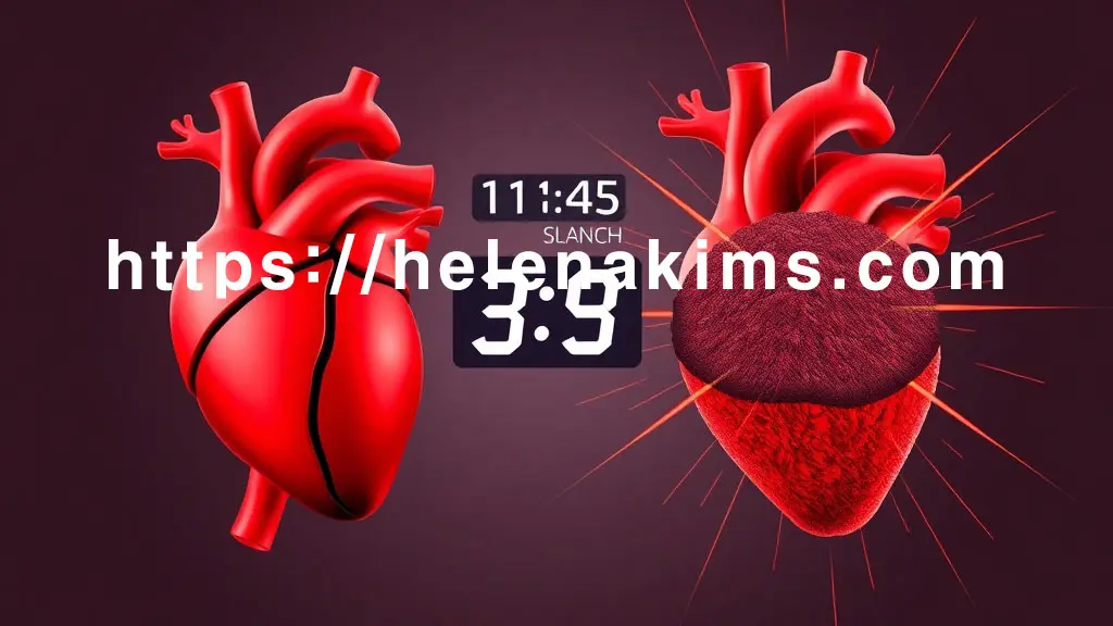 깨끗한 배경 위에 추상적으로 표현된 두 개의 심장 혈관이 나란히 있다. 왼쪽 혈관은 건강하게 흐르는 혈액을, 오른쪽 혈관은 갑자기 생성된 거대한 혈전으로 완전히 막혀 주변 심장 근육이 붉고 위태롭게 변하는 모습.