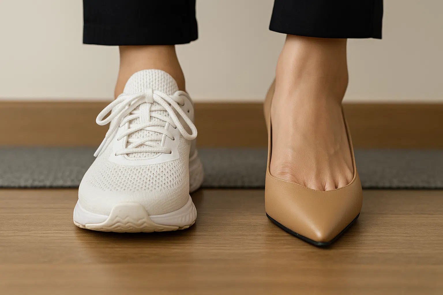 여유 공간 있는 운동화와 발가락을 압박하는 뾰족한 구두