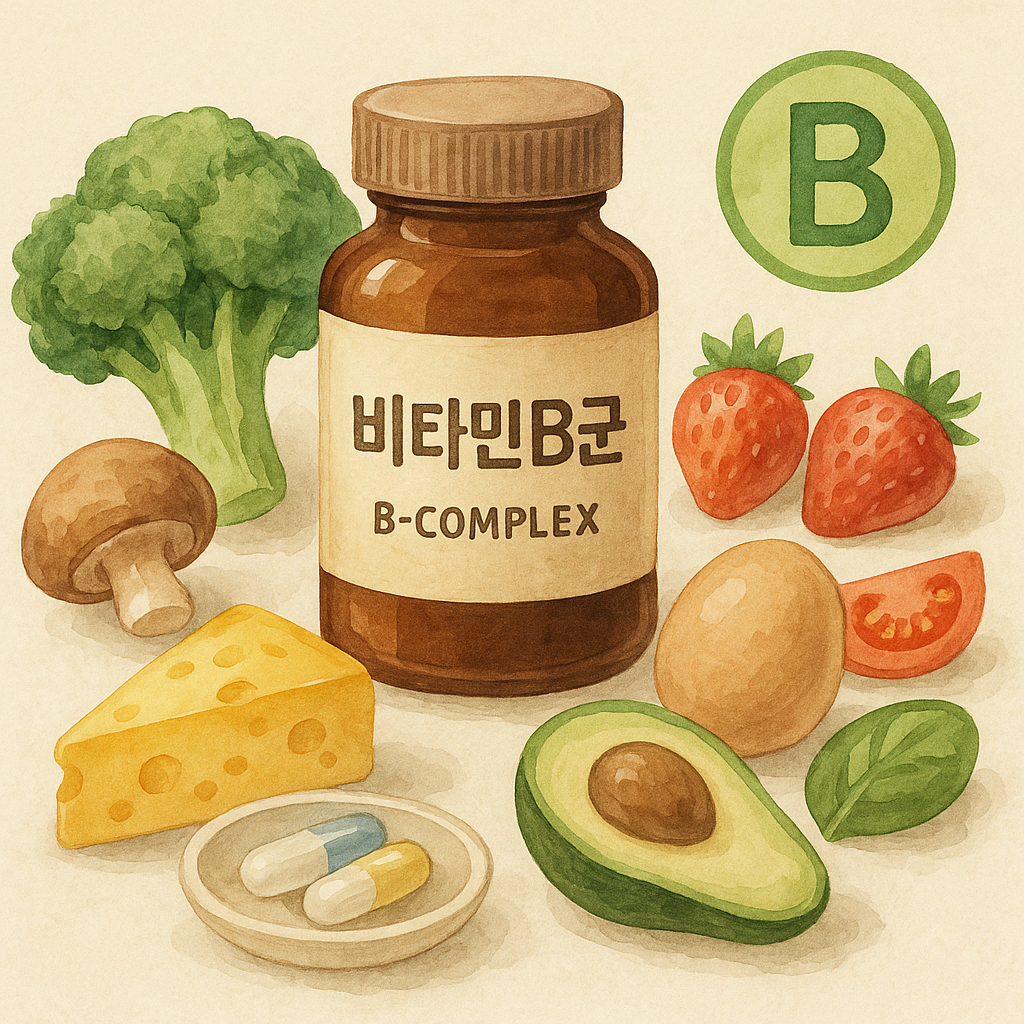 비타민 B군 대표적인 식품으로 브로콜리, 버섯, 아보카도, 치즈, 달걀, 시금치, 딸기, 토마토가 있다.