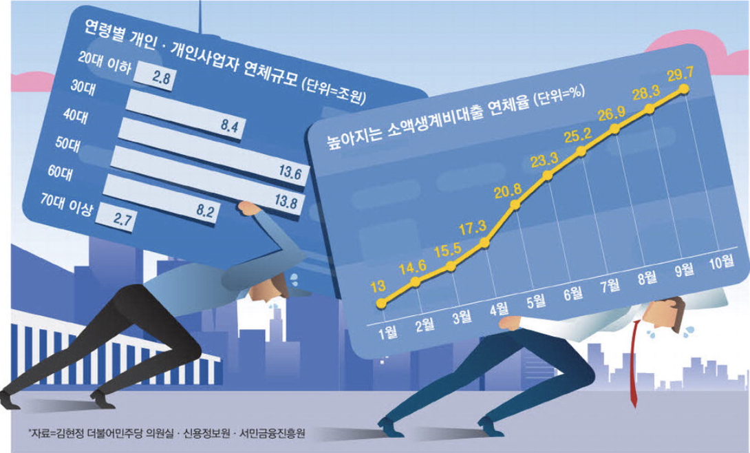 연령별 개인, 개인사업자 연체 규모 (출처 : 매일경제)