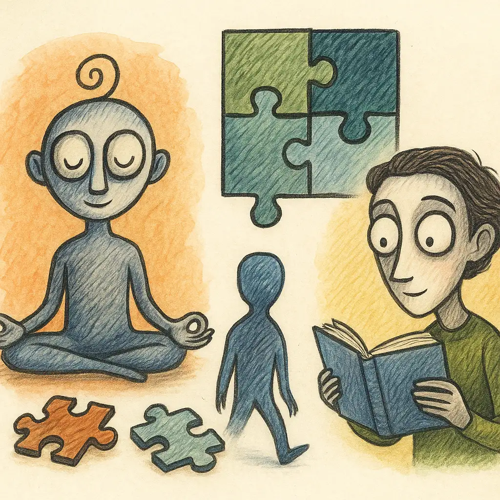 인지 재훈련을 상징하는 퍼즐, 명상, 독서 콜라주 일러스트