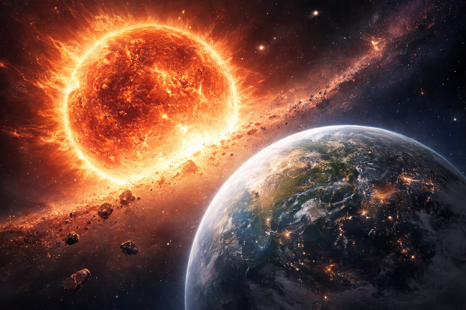 적색거성 단계로 진입하는 태양과 그 앞에 위치한 지구가 대비되어 보이는 우주 장면