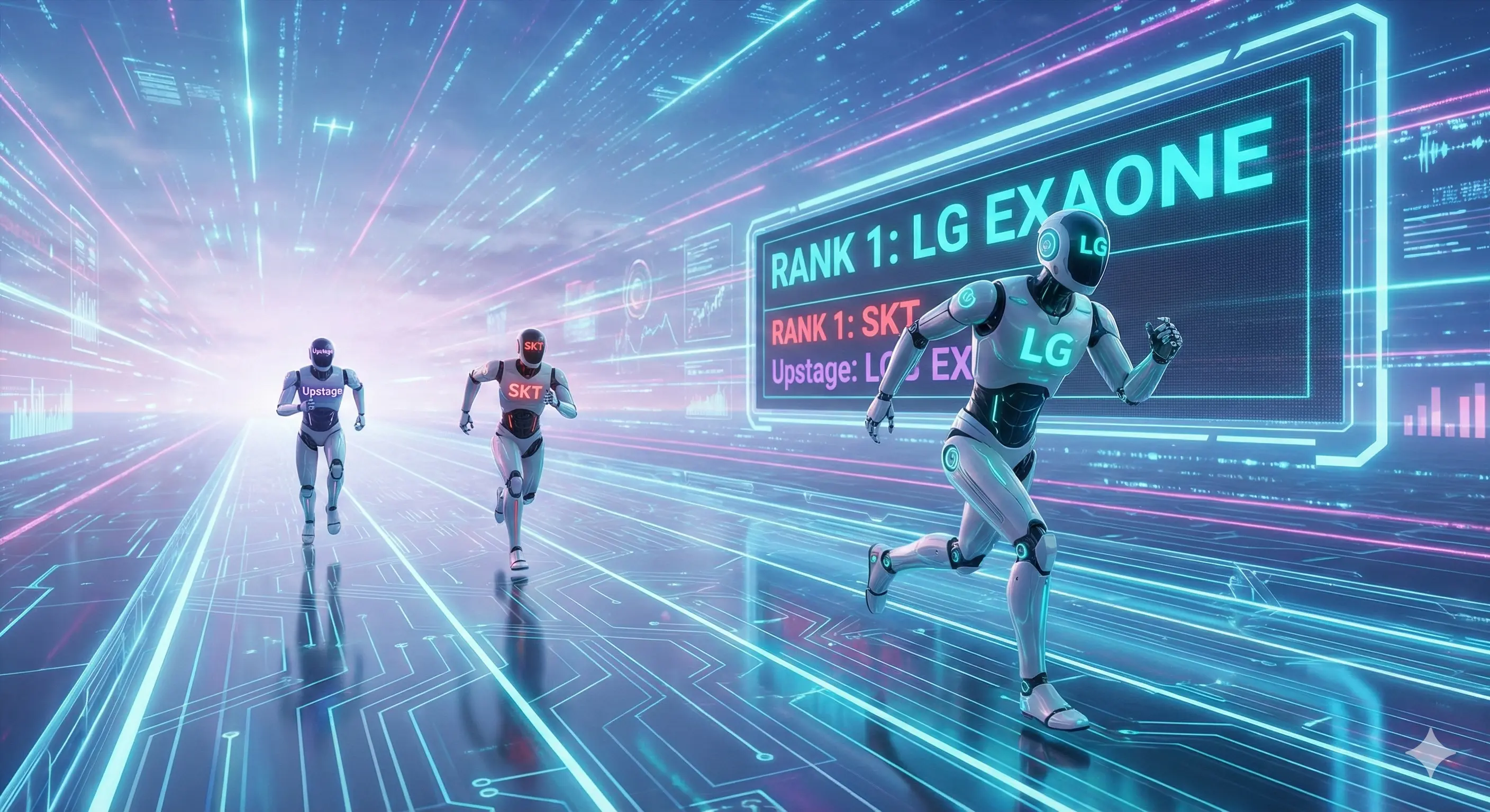 LG 엑사원이 선두를 달리고 SKT와 업스테이지가 뒤따르는 AI 경쟁 구도 3D 이미지