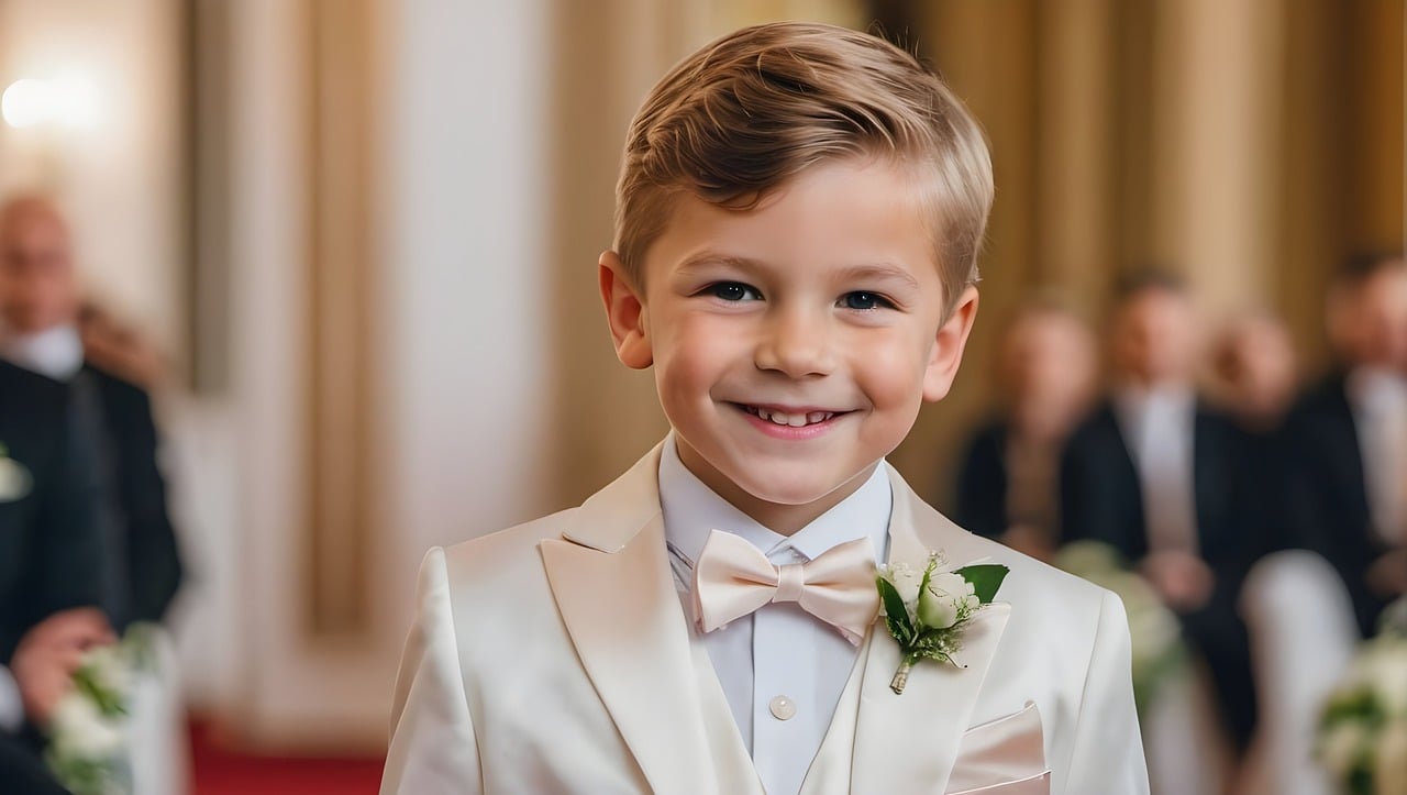 흰색 정장을 차려입은 꼬마아이가 환하게 웃고있는 사진입니다.