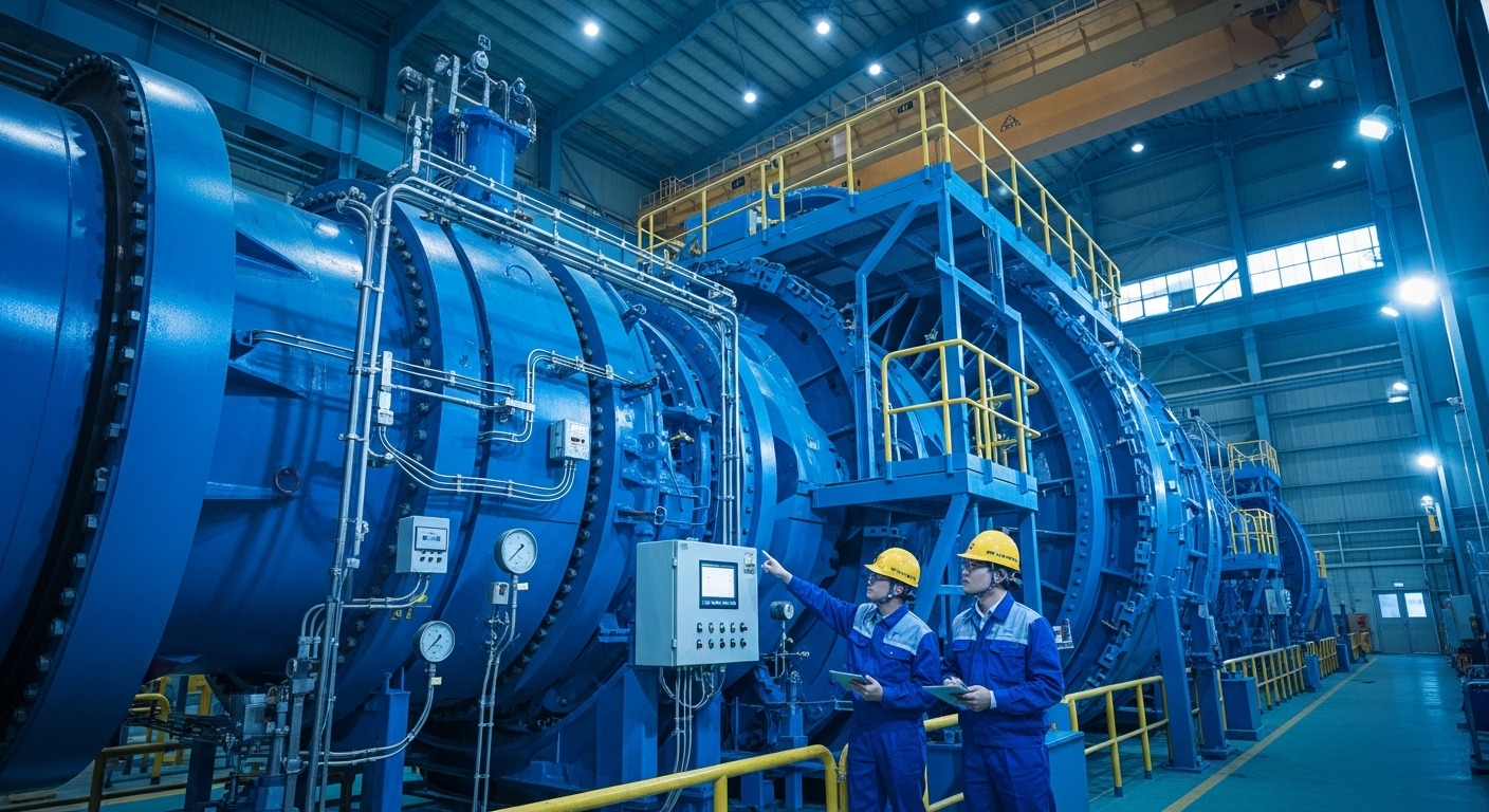 A massive 380MW gas turbine in a Korean heavy industry facility, engineers in hard hats inspecting the turbine, dynamic angle showing scale and complexity, industrial blue lighting,