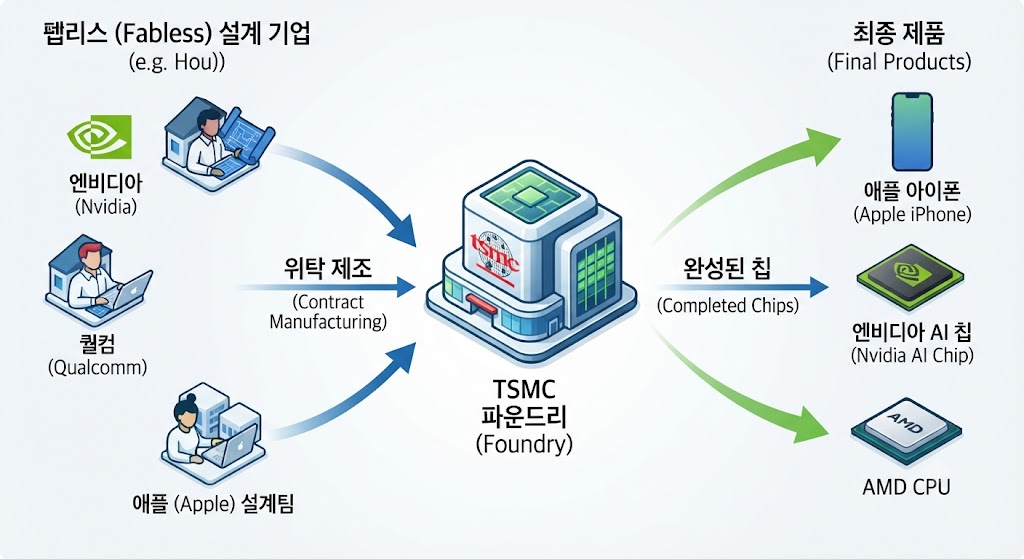 중앙에 'TSMC' 공장 아이콘을 배치하고, 왼쪽에는 '설계만 하는 팹리스(엔비디아, 퀄컴)' 기업들이 아이디어 문서를 들고 TSMC로 향하는 화살표를 그렸습니다. 오른쪽에서는 TSMC가 생산한 최신 칩들이 애플 아이폰과 엔비디아 AI 가속기로 조립되는 과정을 보여주며, 분업 구조가 가져온 혁신을 시각화했습니다.