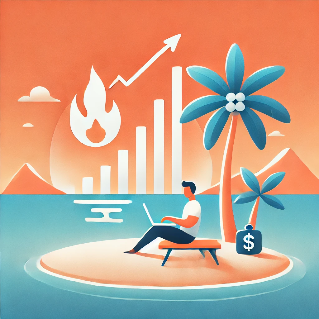 "FIRE (Financial Independence, Retire Early)를 상징하는 현대적이고 미니멀한 일러스트. 한 사람이 열대 해변의 야자수 아래에서 노트북을 사용하며 일하는 모습이 그려져 있으며, 배경에는 상승하는 그래프가 있어 스마트한 투자와 부의 성장을 상징합니다. 경제적 자유와 조기 은퇴를 시각적으로 표현한 이미지."