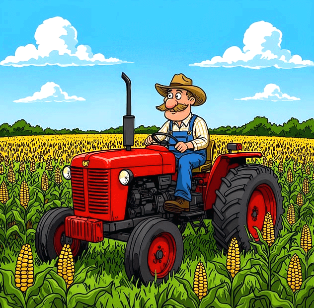 농부 아저시가 빨간 트랙터를 타고 옥수수밭을 지나고 있다. 파란 하늘에는 하얀 구름이 있다.