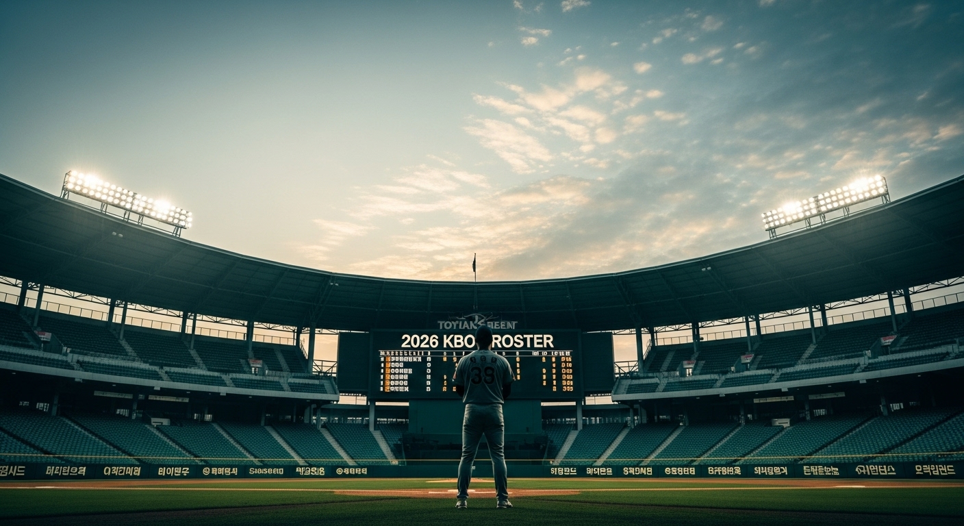 노을 지는 야구장에서 2026시즌 KBO 보류선수 명단을 응시하는 야구 선수의 실루엣