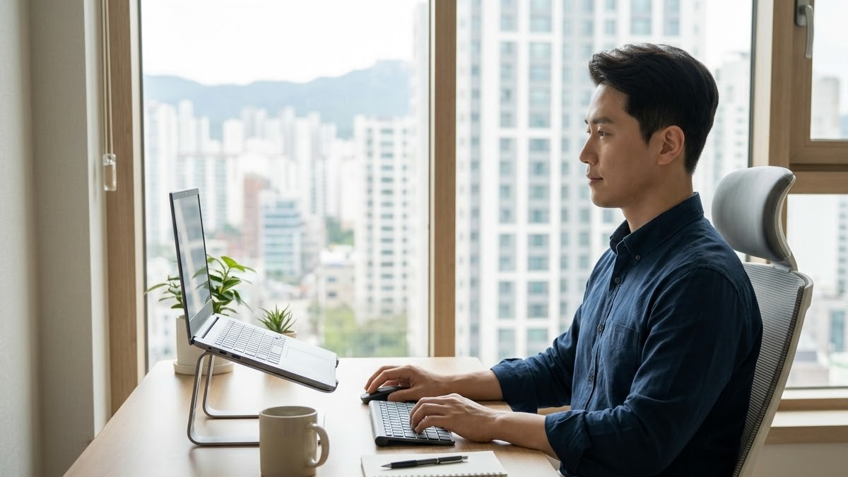 모니터 높이를 맞추고 바른 자세로 일하는 직장인