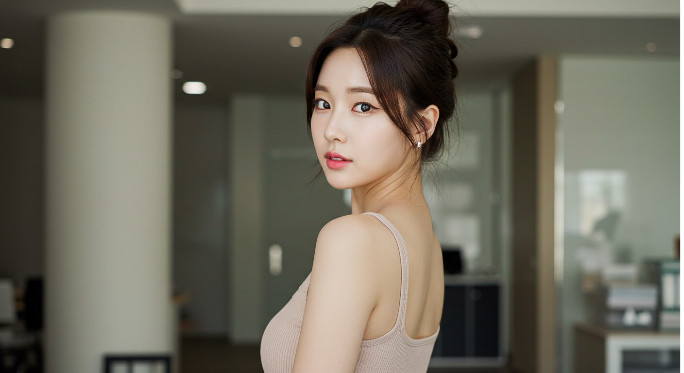 똥머리를 하고 서있는 여성