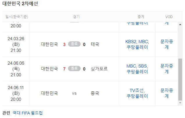 월드컵 2차 예선전 한국 VS 중국 무료중계일정 