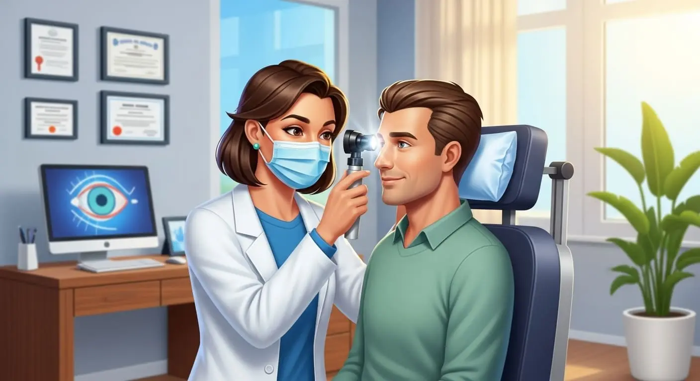 안과 전문의가 환자의 눈을 검사하고 있는 모습. 망막색소변성증의 적극적인 관리와 정기 검진의 중요성을 나타냄.