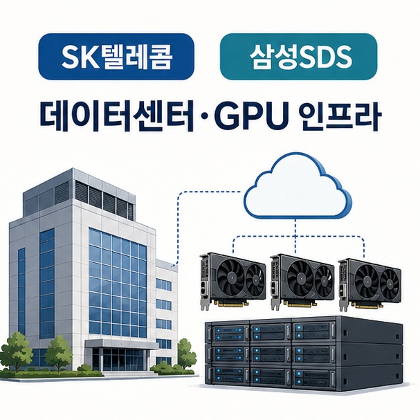 SK텔레콤과 삼성SDS의 AI 데이터센터 구축과 GPU 인프라 사업을 설명한 이미지