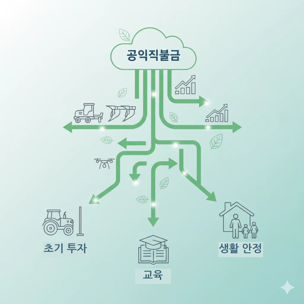 공익직불금이 초기 투자, 교육, 생활 안정 등 다양한 용도로 전략적으로 활용되는 모습을 보여주는 그림