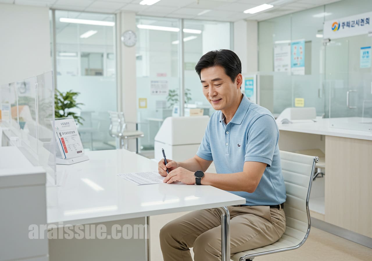 한국인 중년 남성이 현대적인 건강센터에서 만성질환 등록서를 작성하는 모습입니다. 밝고 깨끗한 환경에서 신청 절차에 집중하는 표정입니다.