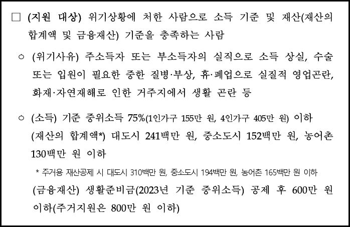 2024년 긴급복지 생계지원금 신청방법 지원대상 지급일