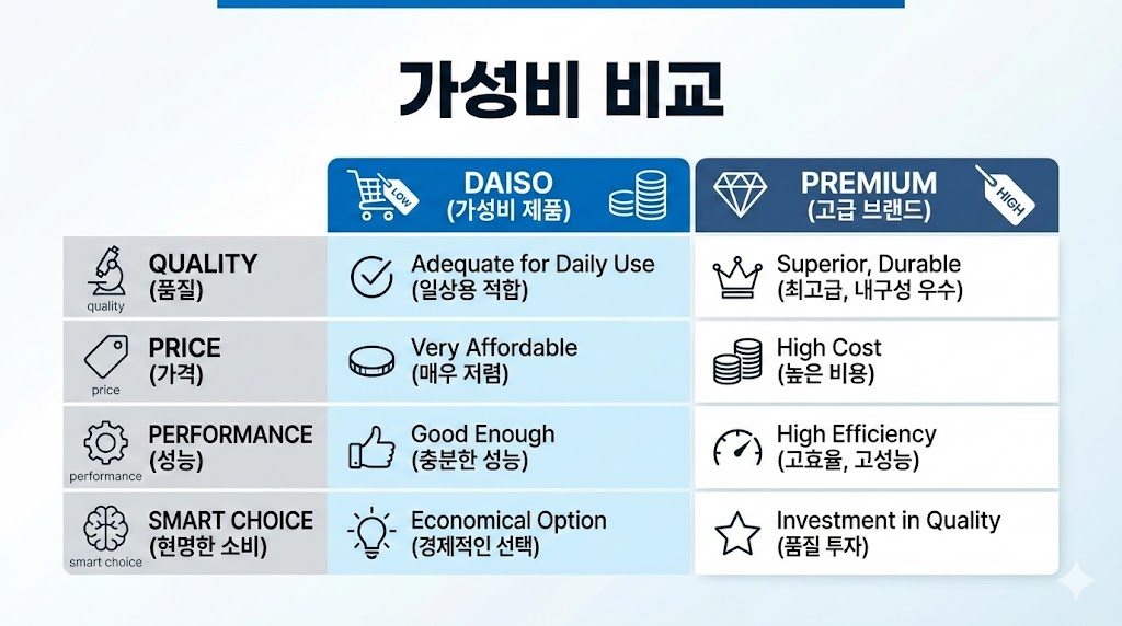 다이소와 프리미엄 브랜드 제품의 가성비 수치 비교 인포그래픽