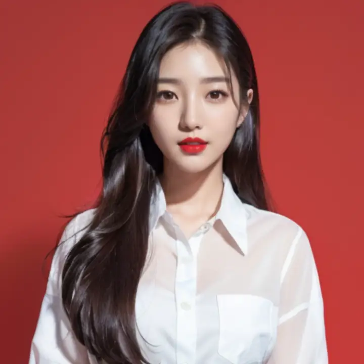 빨간 배경에 서있는 검은 생 머리에 흰 피부 빨간 입술을 가진 흰 셔츠를 입고 있는 여성