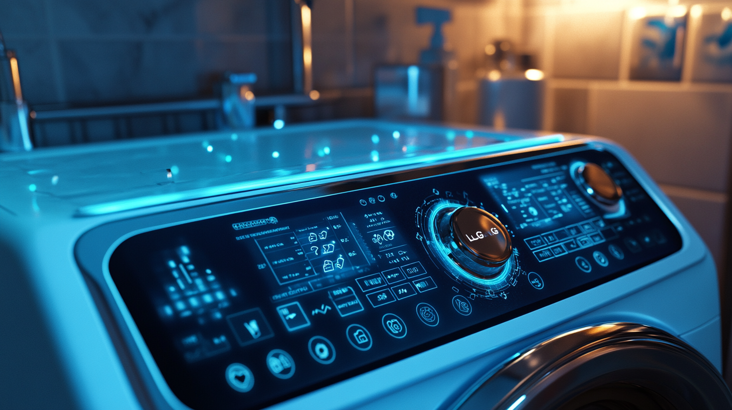 복잡한 사용자 인터페이스가 특징인 LG 워시타워, 화면에 다양한 설정이 표시되며 첫 사용자에게 혼란을 주는 모습, 사용자 상호작용 장면