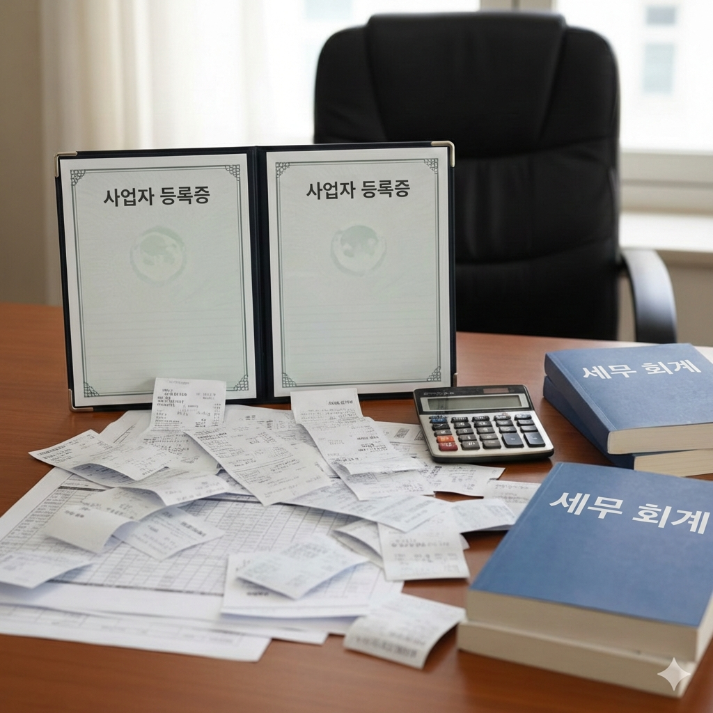 책상 위에 놓인 두 개의 사업자 등록증 서류와 계산기, 그리고 세무 관련 서류들이 놓여 있는 깔끔한 사무실 배경 이미지. 복수 사업자의 세금 신고 기준을 상징함.