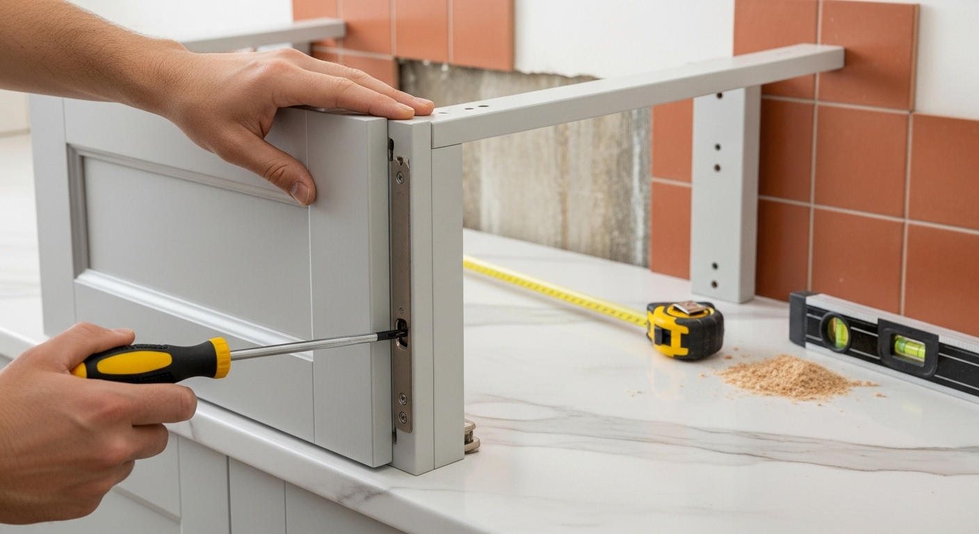 셀프 리모델링 중인 주방에서 라이트그레이 상부장 문짝을 조립하는 모습. 테라코타 타일과 상판이 부분적으로 보인다.