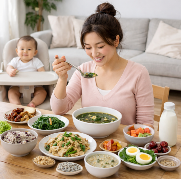 산후 회복을 위해 영양 가득한 식단을 즐기는 엄마와 아기, 균형 잡힌 한식 식사