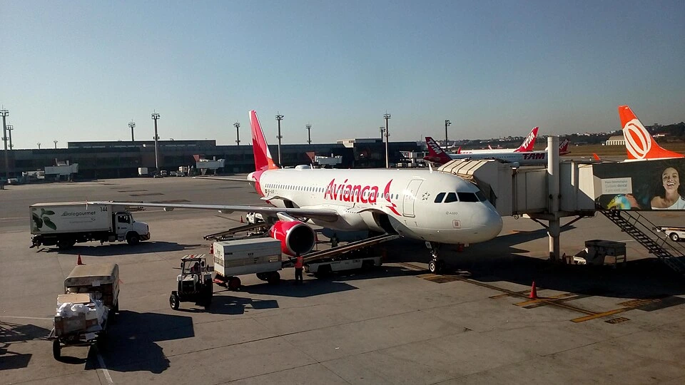 브라질 상파울루 과룰류스 공항(GRU)에 정박한 아비앙카(Avianca) 에어버스 A320 여객기와 뒤편의 골(GOL) 항공기