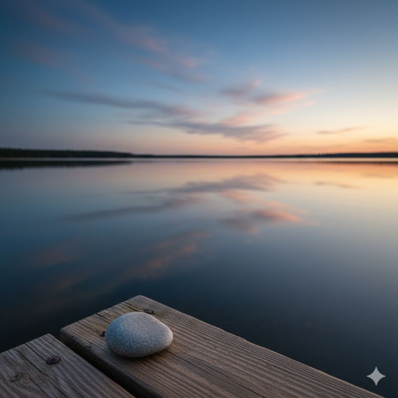 마음의 평온과 명상을 상징하는 잔잔한 호수와 푸른 하늘의 풍경
