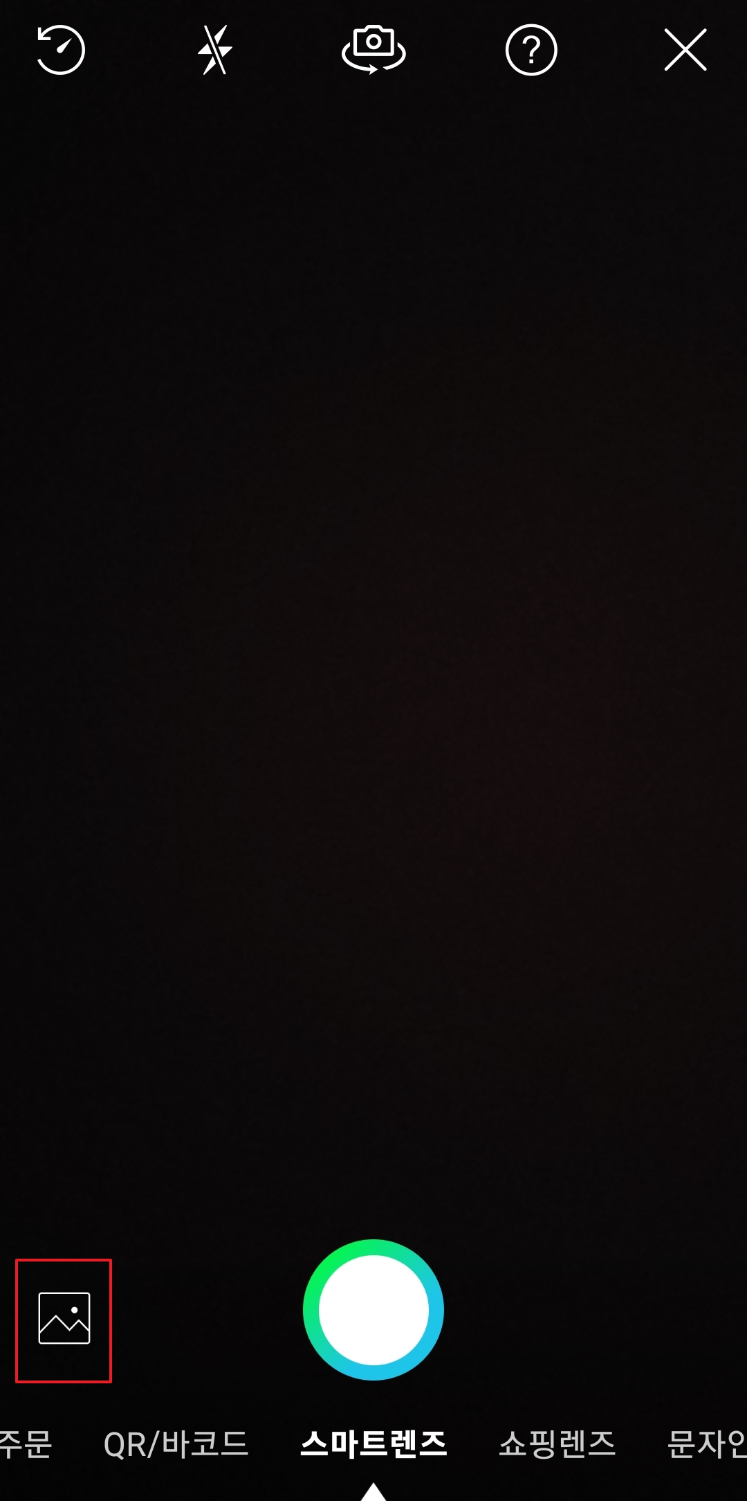 스마트 렌즈 촬영 화면과 갤러리 버튼
