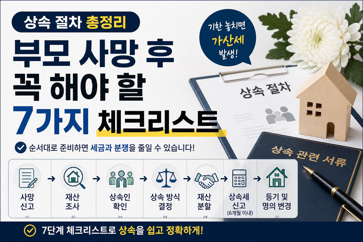 부모 사망 후 상속 절차 7단계 체크리스트와 상속세 신고 과정을 설명하는 썸네일 이미지