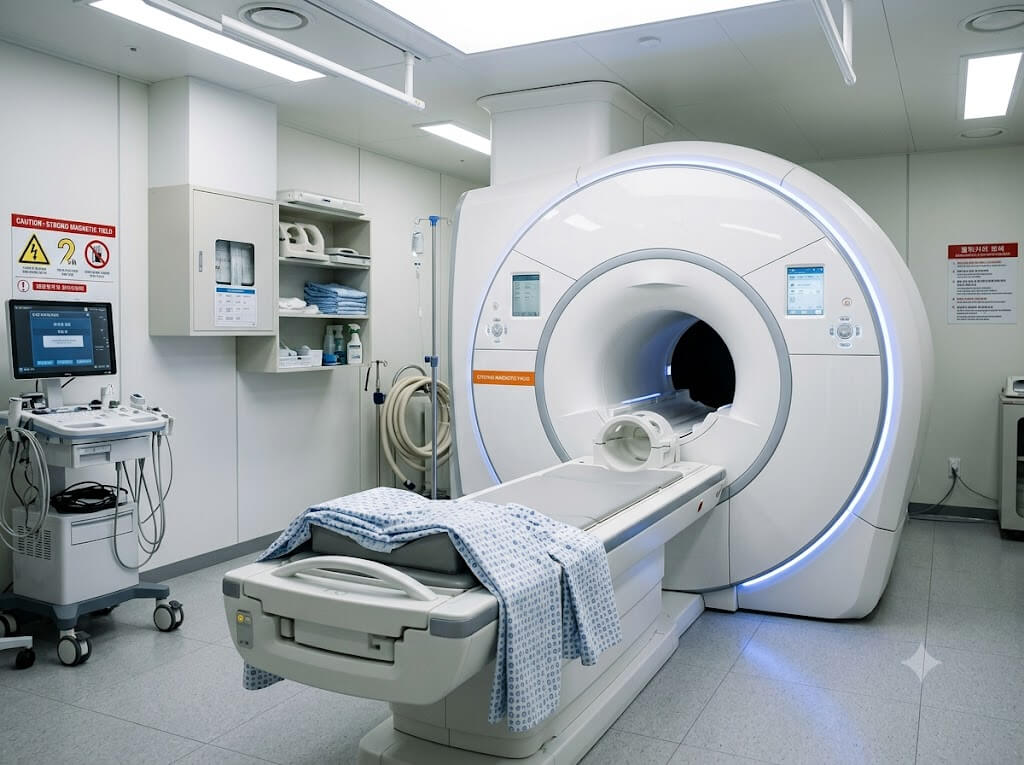 대학병원 MRI 촬영실의 장비와 검사대 모습
