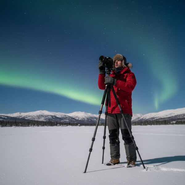 눈 덮인 풍경에서 두꺼운 겨울 장비를 갖추고 삼각대에 카메라를 세워 오로라를 촬영하는 사람.
