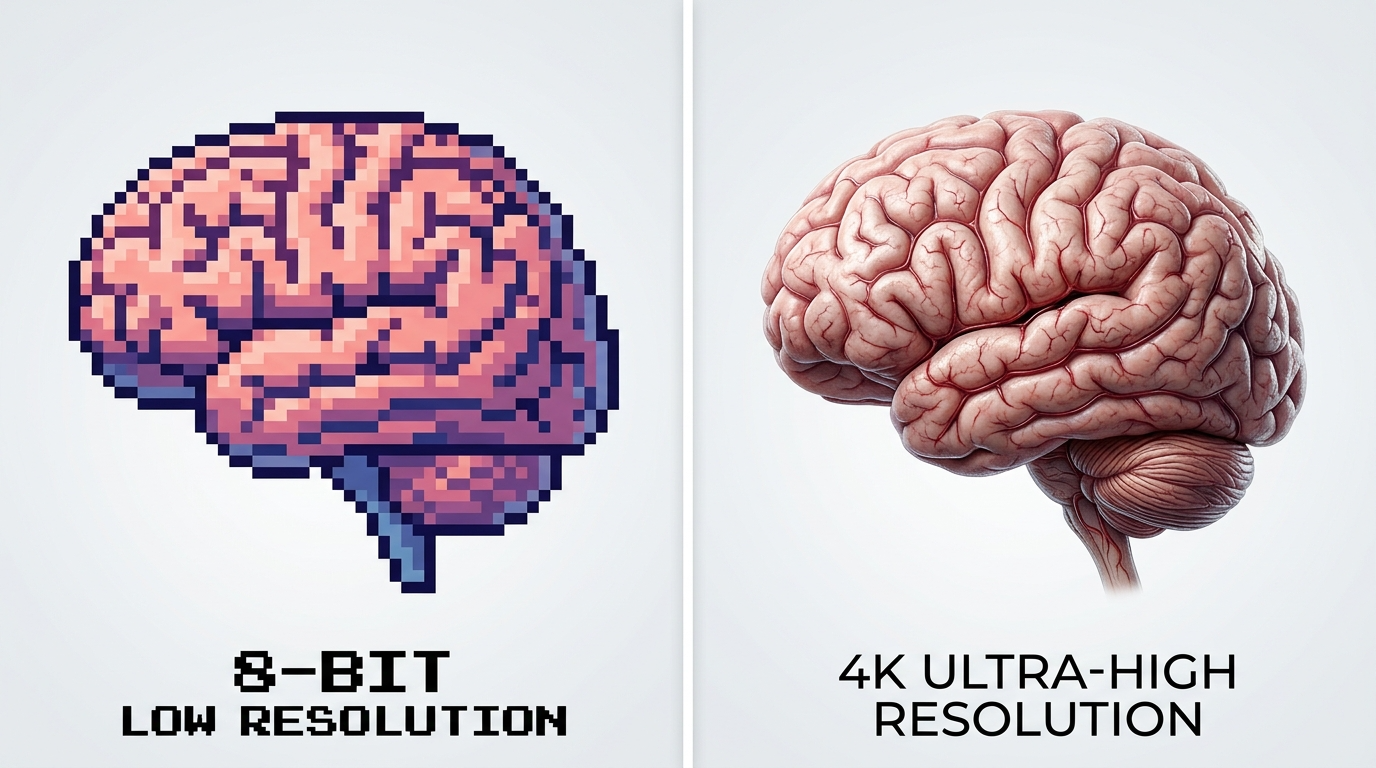 낮은 해상도의 픽셀화된 뇌와 선명한 UHD급 뇌를 비교하는 시각화 자료