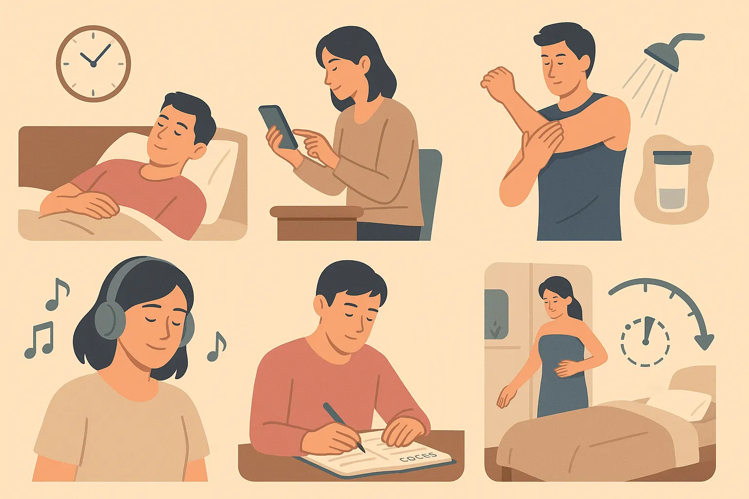 매일 같은 시간에 잠드는 사람, 취침 전 전자기기를 치우는 장면, 따뜻한 샤워와 스트레칭, 조용한 음악 감상, 수면 일지 작성 장면, 시계를 보며 15~30분씩 취침 시간을 앞당기는 그래픽
