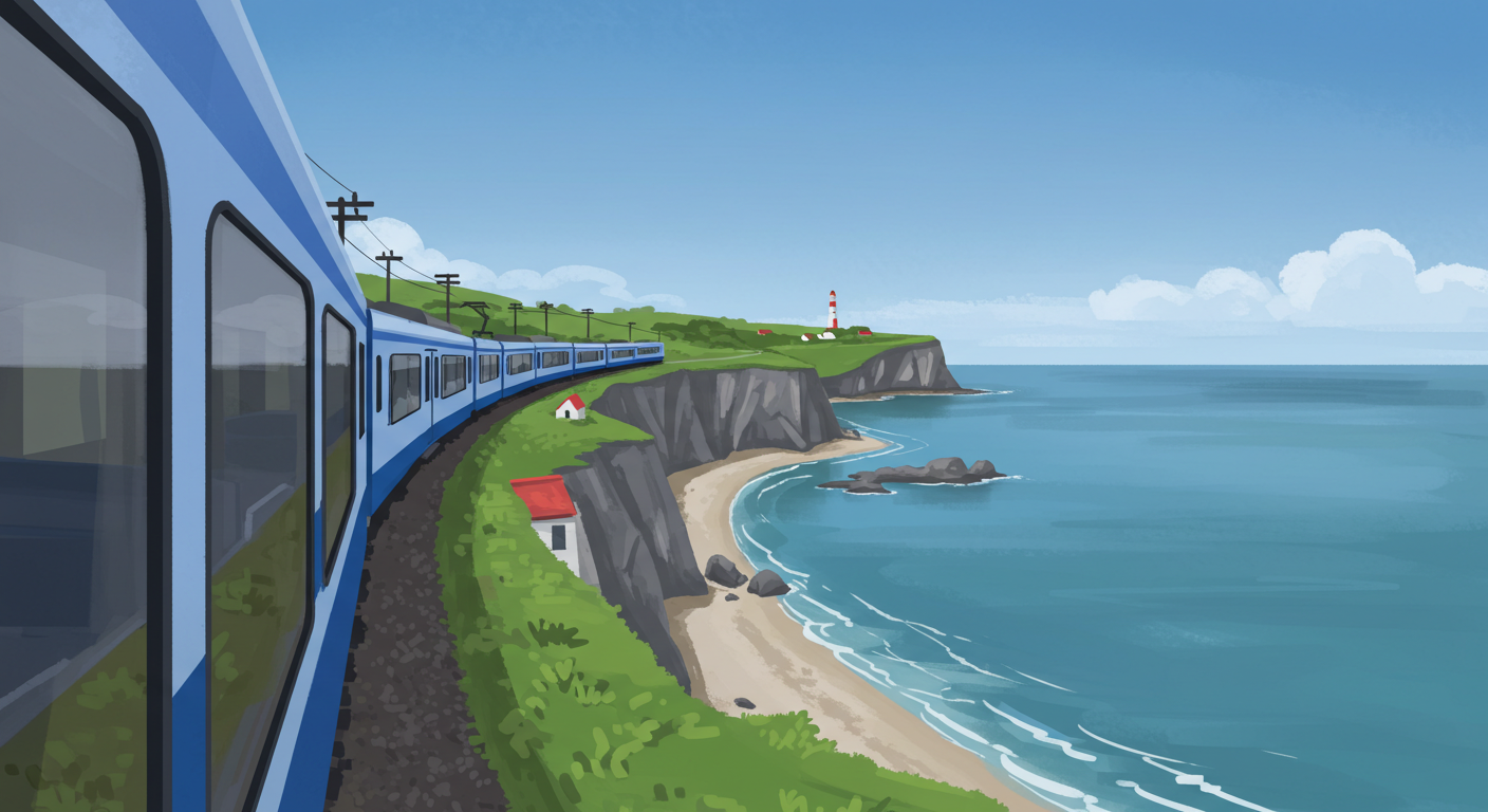 바다 옆을 달리는 해변열차와 창밖 풍경