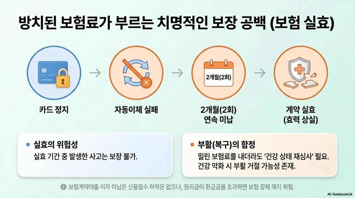 대출연체 카드정지: 대출 연체로 카드가 정지되면 보험료 자동이체가 실패하고 2개월 연속 미납 시 보험 계약이 실효되는 연쇄 구조를 단계별로 보여주는 인포그래픽. 실효의 위험성과 부활 시 건강 재심사 필요성을 안내함 