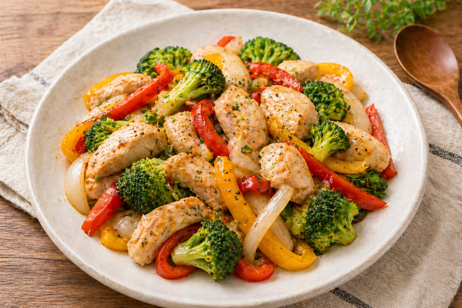 닭가슴살과 브로콜리, 양파, 파프리카를 볶아 만든 건강 식단 요리