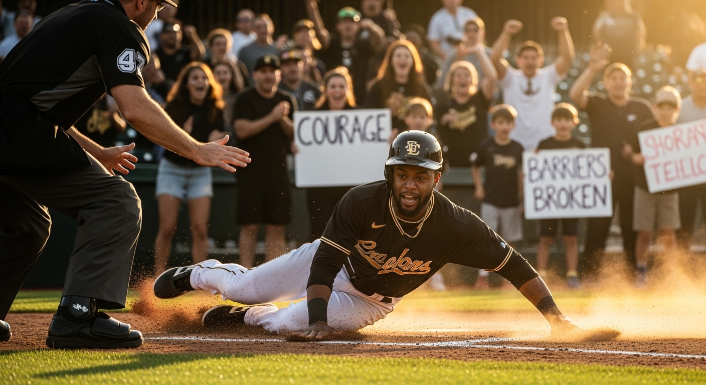 재키 로빈슨이 베이스에 슬라이딩하며 인종 차별의 벽을 허무는 상징적인 장면