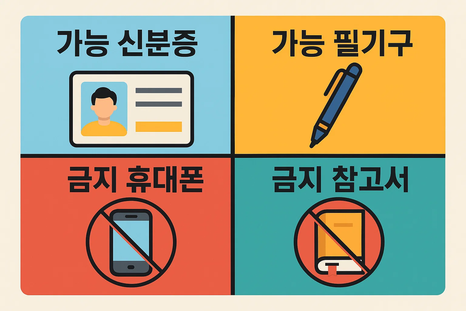 운전면허 시험장 반입 가능 물품과 금지 물품 인포그래픽으로, 신분증과 필기구는 허용되지만 휴대폰과 참고서는 금지됨을 알려주는 준비물 체크 가이드 자료입니다.
