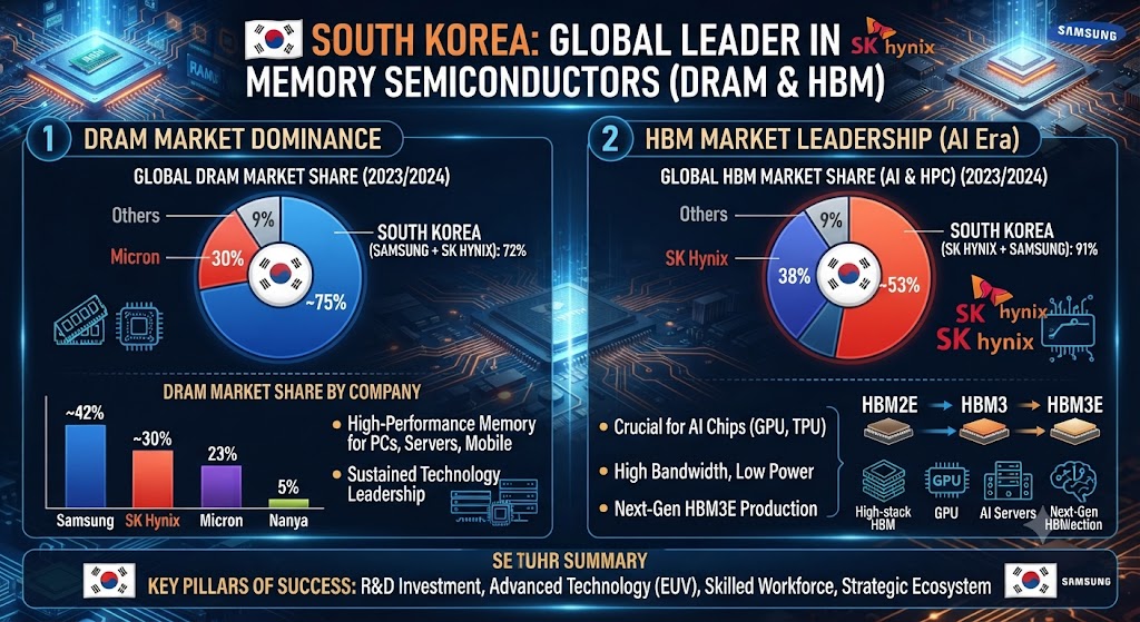 세계 시장을 석권하고 있는 D램 합계 점유율(70% 안팎)과 AI 서버의 핵심 부품인 HBM(고대역폭 메모리) 시장에서 SK하이닉스와 삼성전자가 선두를 달리는 모습을 황금빛 상승 그래프와 반도체 적층 구조 아이콘으로 표현했습니다.
