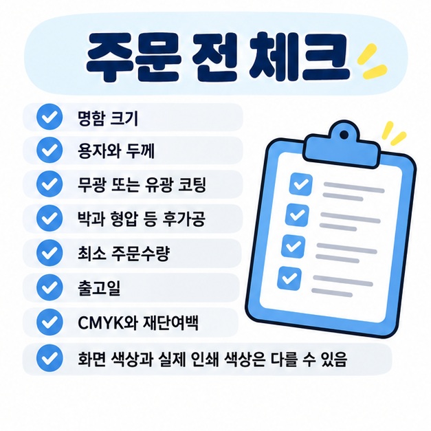 명함 주문 전 크기, 용지, 코팅, 후가공, 출고일, CMYK와 재단여백을 확인하도록 정리한 카드