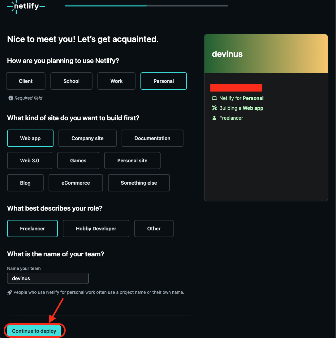Netlify 가입 설문조사 입력 완료