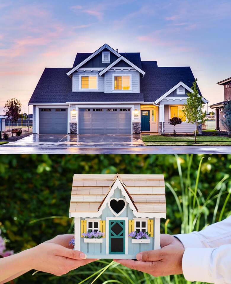 상단사진은 남색지붕의 2층 주택으로 2층은 세모모양으로 지붕이 만들어졌고 창문이 달렸으며 아랫쪽 1층은 주차 출입구가 있는 집이며 하단사진은 옅은 갈색지붕에 하늘색바탕에 흰색 띠를 두른 모형 집으로 좌측은 여성이 우측은 남성이 A4 용지크기의 모형집을 두손으로 서로 들고있는 모습