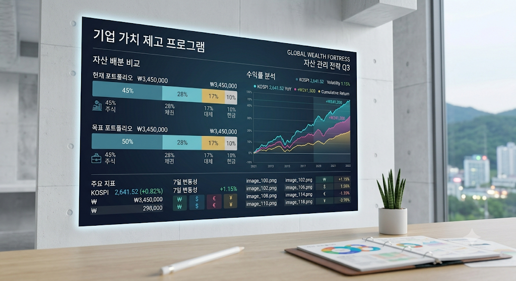 세련된 모던 오피스 빌딩 데스크 위에 놓인 태블릿 PC 화면에 선명하게 찍힌 미국 나스닥 100 ETF 4종의 20년 복리 누적 수수료 손실 잔액 비교 그래프