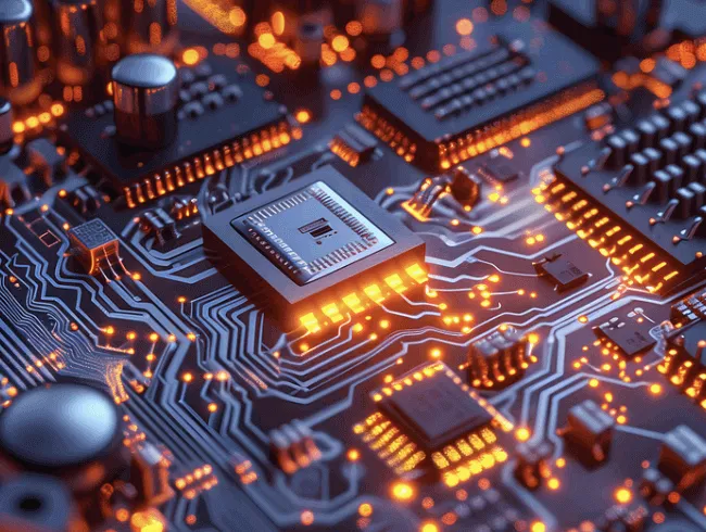 어두운 회로 기판 위에 빛나는 오렌지색 신호가 흐르는 반도체 칩의 클로즈업 이미지. 중심에는 금속 커버가 있는 칩이 장착되어 있으며, 복잡한 회로 패턴이 기술적 분위기를 강조한다