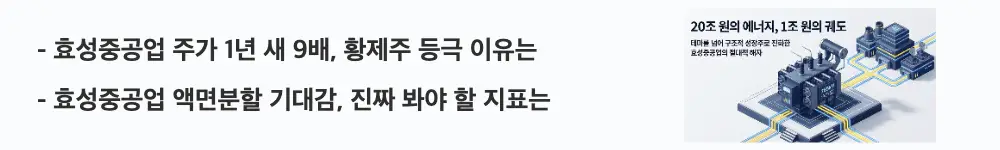 '효성중공업 주가 1년 새 9배, 황제주 등극 이유는'라는 문구가 포함된 웹배너 이미지. 이 이미지는 효성중공업 주가의 1년 상승 흐름과 액면분할 기대감을 시각적으로 전달하며, 블로그의 효성중공업 주가 전망 분석과 관련된 내용을 설명함