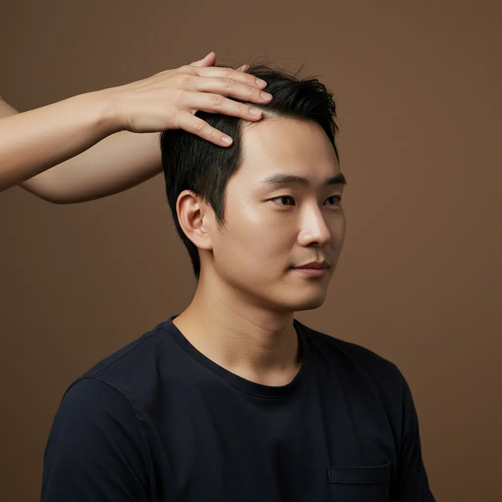 탈모로 인해 관리받는 남성 이미지