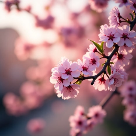 노을빛에 물든 도시의 벚꽃 가지 클로즈업.