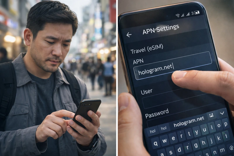 도시 거리에서 스마트폰으로 eSIM APN 설정을 직접 입력하는 한국인 남성과, hologram.net 값을 입력 중인 APN 설정 화면을 함께 보여주는 분할 이미지